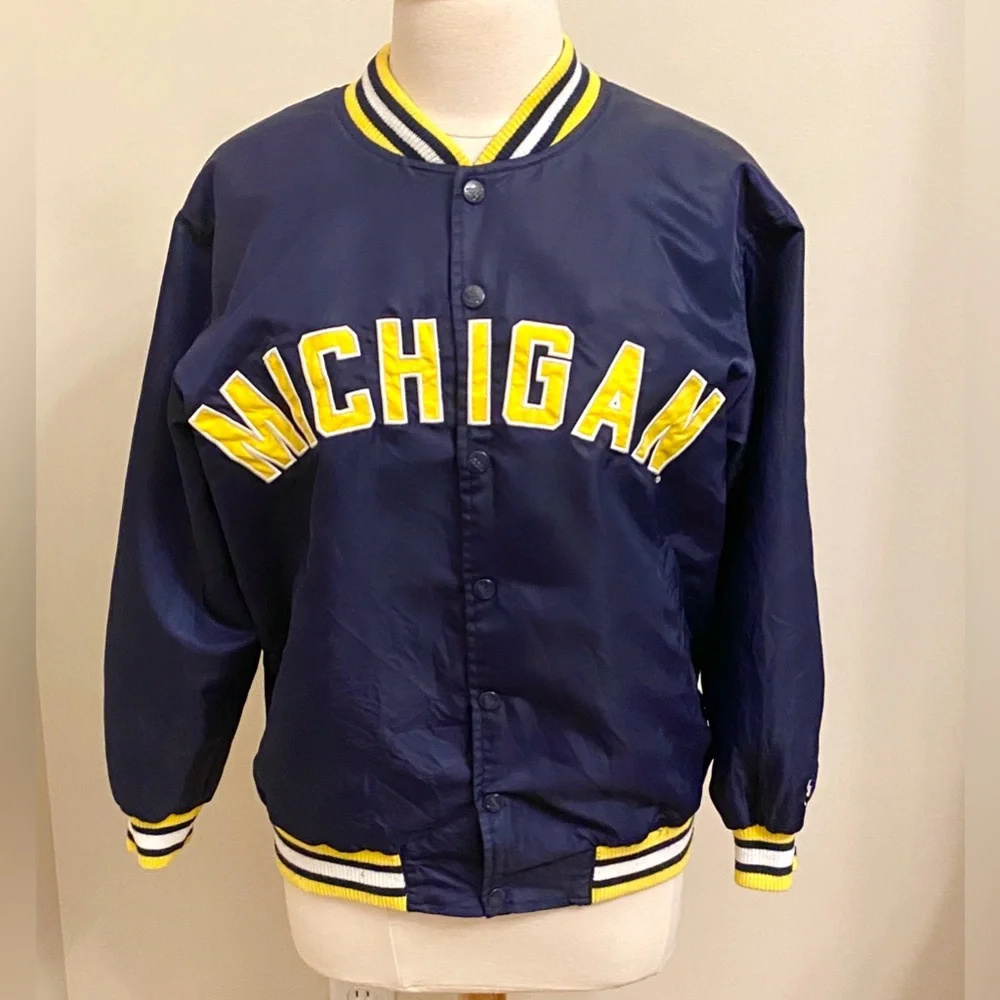 Adidas Men’s Michigan Wolverine Vintage Blue Yellow Nylon Snap Jacket Size 14/16